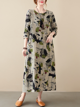 Langarm-A-Linien-Kleid aus Baumwolle für den Frühling und Sommer mit gebrochenen Blumen