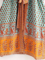 Nachtwäsche, Bohemian-Print mit auffälligem Kontrast, grüne Farbe, langes Baumwollkleid, Kimono-Staubmantel