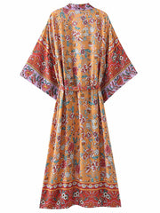 Robe longue kimono en coton orange à imprimé floral