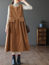 Female Sleeveless Thin Line Loose Striped Velvet Mid-Length Corduroy A-Line Dress