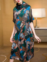 Robe mi-longue à col roulé et motif floral