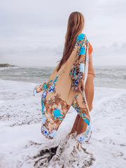 Robe de plage longue en coton à imprimé floral avec gros oiseau sur couleur marron