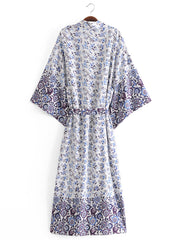 Robe de nuit longue en coton à imprimé floral de couleur verte, kimono long