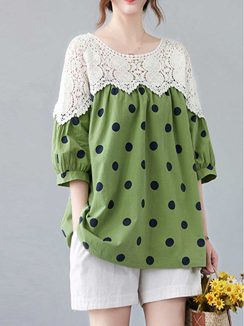 Polka Dot Print Cotton Floral Net Lace Shirt Top