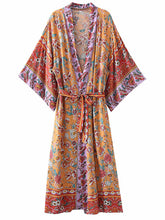 Pflanzenblumen-Druck Orange Farbe Baumwolle Langes Kleid Kimono Duster Robe