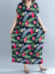 Kaftankleid mit Palmblättern und Flamingo in Übergröße