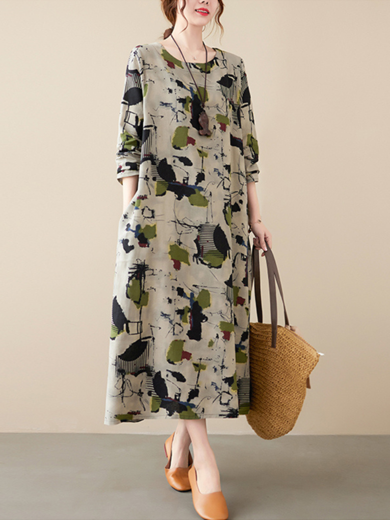 cotton long-sleeved pring summer with broken flowers A-line dress