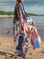 Vêtements de plage et maillots de bain Kimono en polyester à imprimé floral avec imprimé poupée au dos Robe longue multicolore Robe longue Kimono Duster