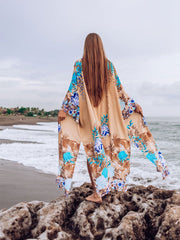 Robe de plage longue en coton à imprimé floral avec gros oiseau sur couleur marron