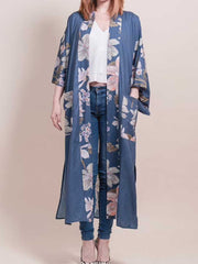 Partywear Kimono Blumendruck Baumwolle Viskose Blau Lagune Kleid Robe Kimono