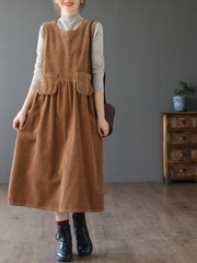 Robe trapèze mi-longue en velours côtelé à rayures amples sans manches pour femme