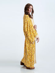 Bridal Party Wear Floral Print Yellow Color Cotton Long Length Gown Robe Kimono