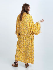 Bridal Party Wear Floral Print Yellow Color Cotton Long Length Gown Robe Kimono