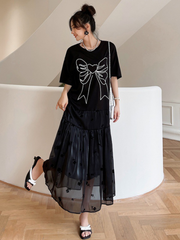 Robe d'été décontractée noire à col rond et manches courtes en forme de A