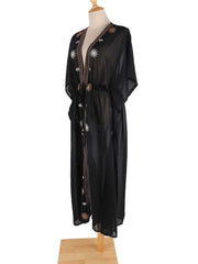 Robe longue en mousseline de soie brodée noire Partywear Robe kimono longue