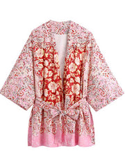 Robe kimono courte en polyester à imprimé floral de couleur rose