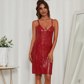 Metallic Chainmail V-Ausschnitt Tiefer Rücken Ärmelloses Party Minikleid - Rot