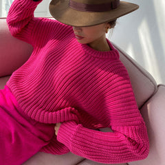 Übergroßer gerippter Pullover in Bonbonfarbe mit Rundhalsausschnitt - Rose