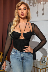 Tie Back Split Cuff Ruched Mesh Top