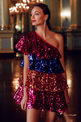 Minikleid mit One-Shoulder-Träger und glitzernden Pailletten