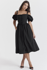 Silvana – Schwarzes Midi-Sommerkleid mit Puffärmeln