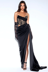 Callie Lace Satin Corset High Slit Gown