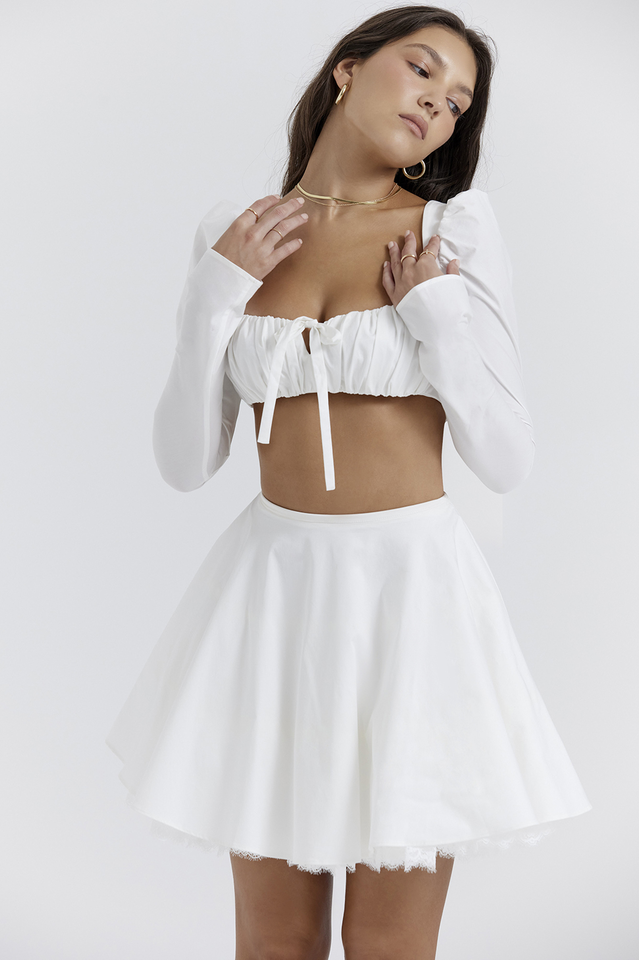 Shira White Cropped Top + Skirt Set