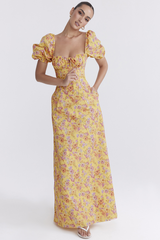 Robe longue à manches bouffantes et à fleurs jaunes Felizia