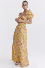 Robe longue à manches bouffantes et à fleurs jaunes Felizia