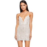 Robe courte moulante à franges et sequins scintillants, décolleté plongeant en V, sans manches - Argent