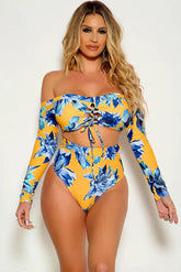 Maillot de bain à manches longues et épaules dénudées avec lacets et imprimé floral jaune