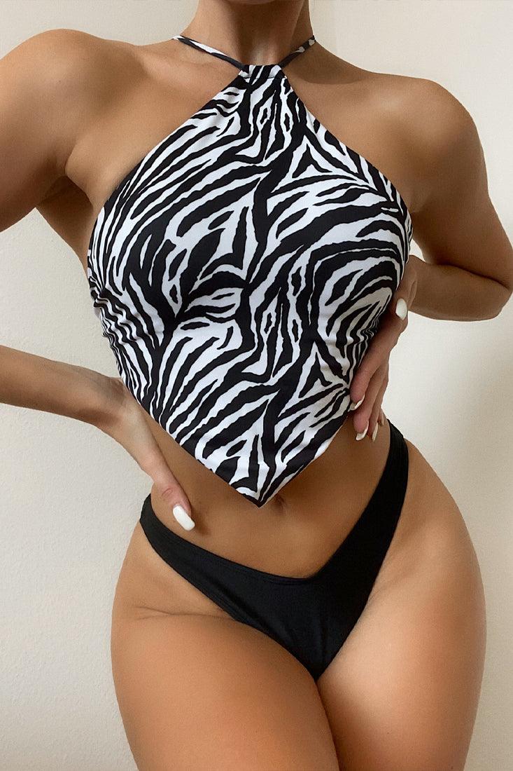 Zebra Print Halter Two Piece Swimsuit
