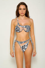 Zebra Print Mesh One Shoulder Two Piece Swimsuit