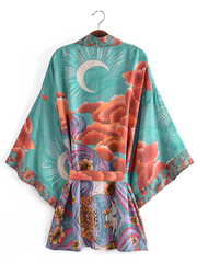 Robe de soirée courte en coton à imprimé floral, couleur verte, kimono court