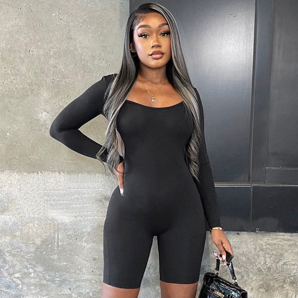 Active Chain Strap Scoop Neck Long Sleeve Backless Romper - Black
