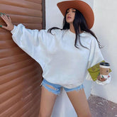 Active Ribbed Trim Drop Shoulder Long Sleeve Crew Neck Sweatshirt - White