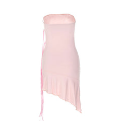 Adorable Solid Color Ribbon trim Ruffle Hem Strapless Mini Dress - Pink