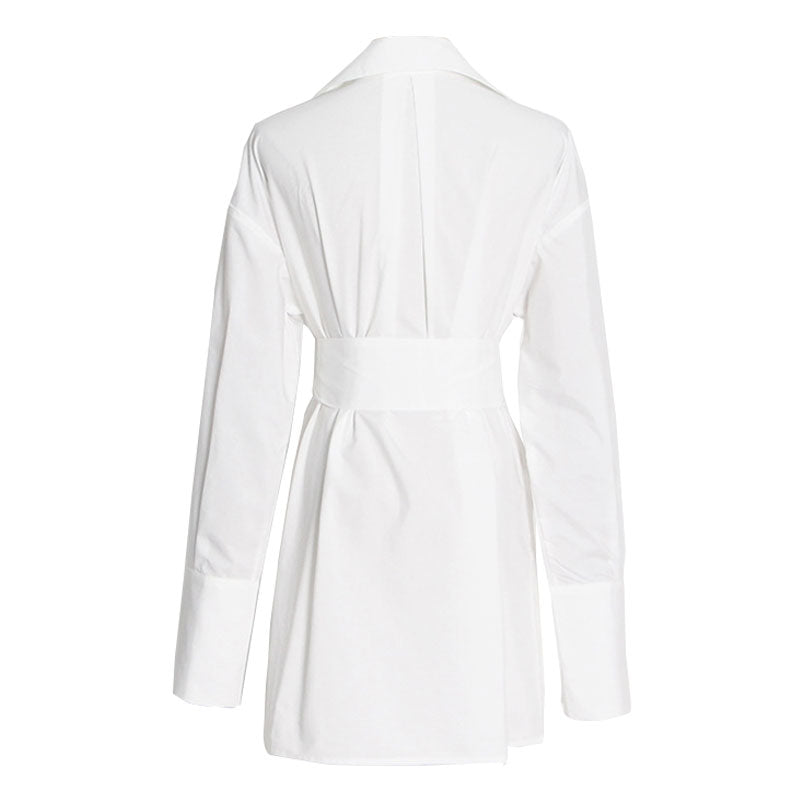 Asymmetric Collared Patch Pocket Button Up Belted Long Sleeve Shirt - White