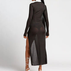 Asymmetric Contrast Button Up High Split Sheer Ribbed Knit Maxi Dress - Black