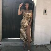 Asymmetric Hem Animal Print High Split Sleeveless Midi Dress - Tiger