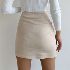 Asymmetric High Waist Scalloped Button Up Faux Suede Wrap Mini Skirt - Beige