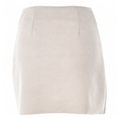 Asymmetric High Waist Scalloped Button Up Faux Suede Wrap Mini Skirt - Beige