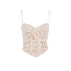 Asymmetric Paisley Lace Sweetheart Sleeveless Crop Tank Top - Apricot