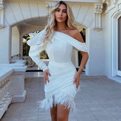 Asymmetric Puff Sleeve One Shoulder Feather Corset Mini Dress - White
