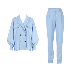 Ensemble assorti blazer en lin à manches longues et revers en pointe Athflow - Bleu