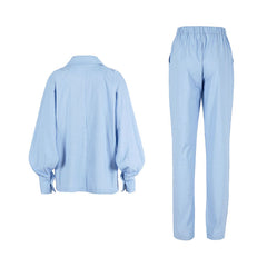 Ensemble assorti blazer en lin à manches longues et revers en pointe Athflow - Bleu