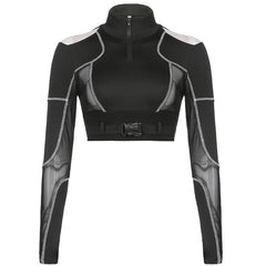 Haut court motard à col montant, fermeture éclair sur le devant, manches longues, découpes en maille et boucle - Noir