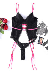 Black Color Block Lace Lingerie Set With Garter Belt