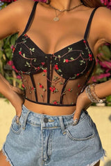Brassière bustier en maille brodée de fleurs noires