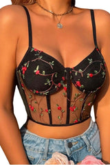Brassière bustier en maille brodée de fleurs noires